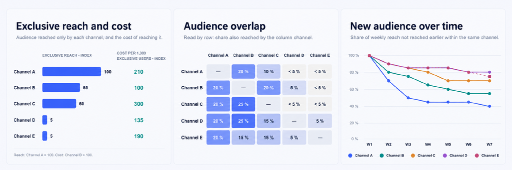 We bring together the size and cost of exclusive reach, overlap between channels and the development of newly reached audiences over time. Together, these provide inputs for assessing each channel’s role and future budget allocation.